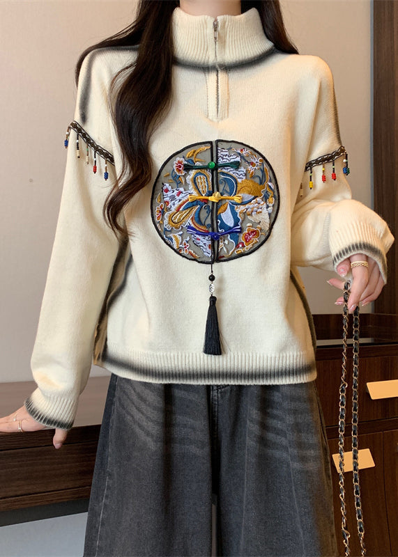 Beige Hign Neck Embroidered Knit Sweaters Spring