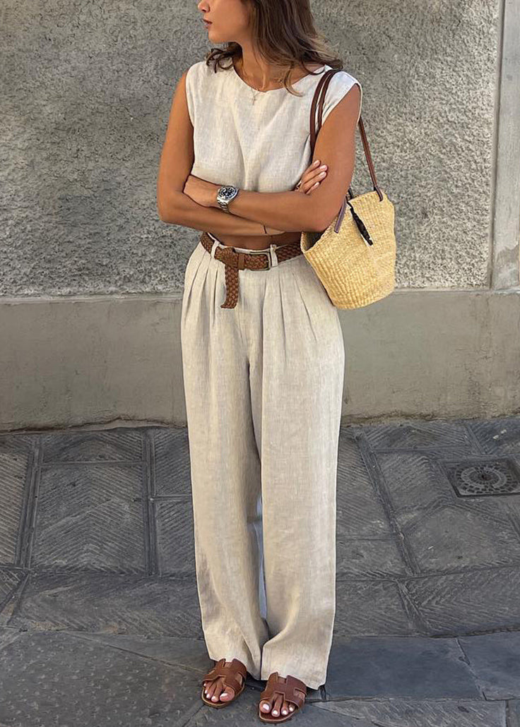 Beige Linen Vests and Wide Leg Pants Two-piece Set Sleeveless