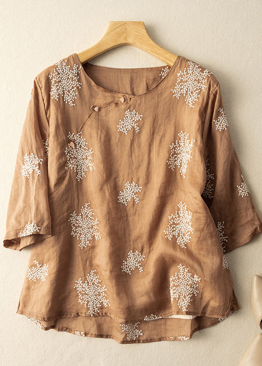 Brown O-neck Embroidered Linen Shirt Top Summer
