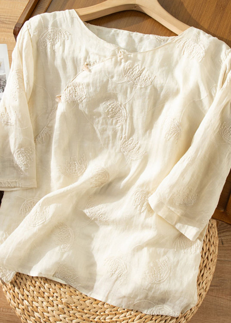 Brown O-neck Embroidered Linen Shirt Top Summer