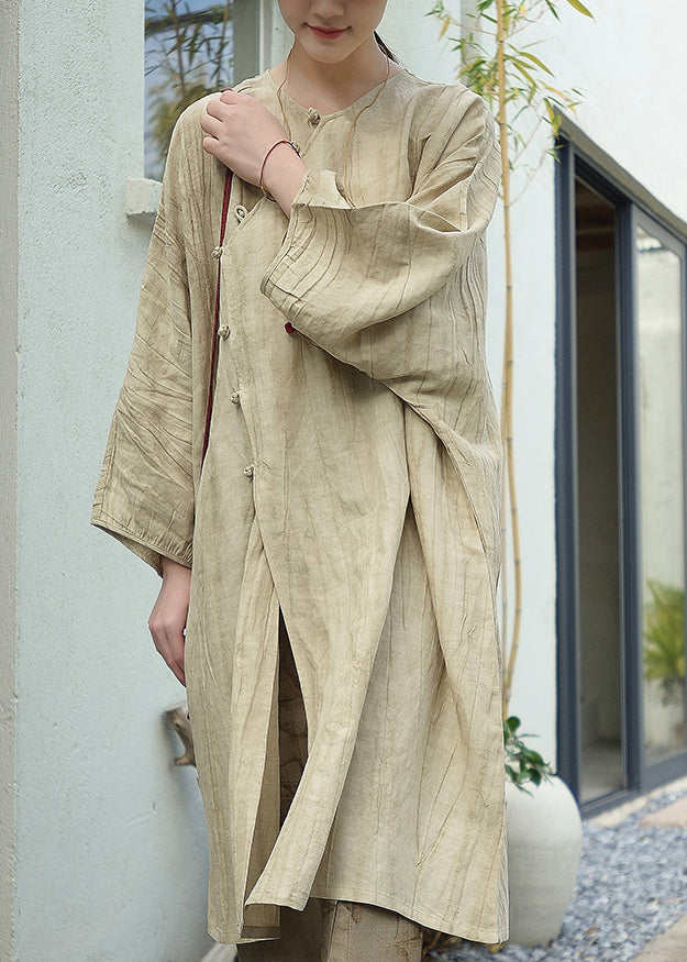Beige O Neck Oriental Button Patchwork Cotton Dress Fall