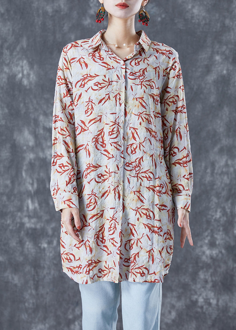 Beige Peter Pan Collar Print Cotton Long Shirt Summer