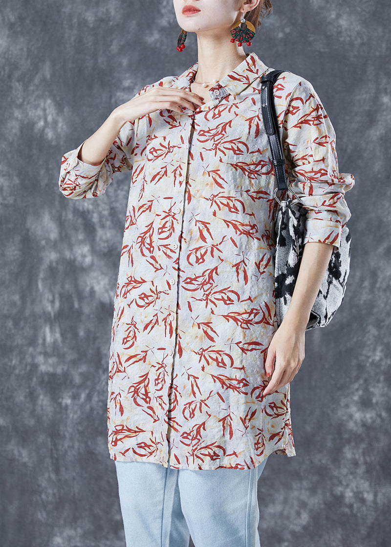 Beige Peter Pan Collar Print Cotton Long Shirt Summer