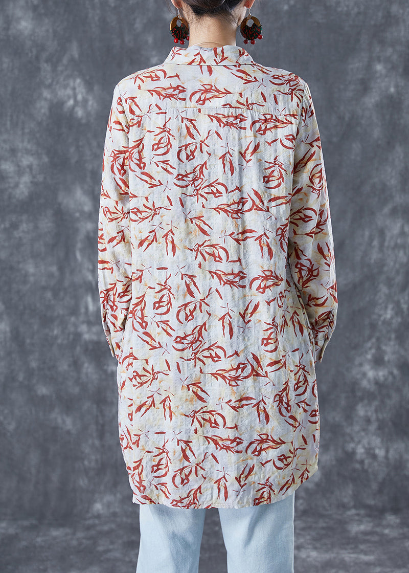 Beige Peter Pan Collar Print Cotton Long Shirt Summer