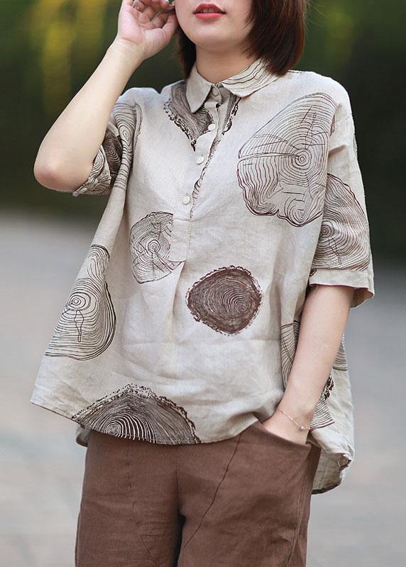 Beige-print1 Peter Pan Collar Print Summer Linen Blouses Half Sleeve