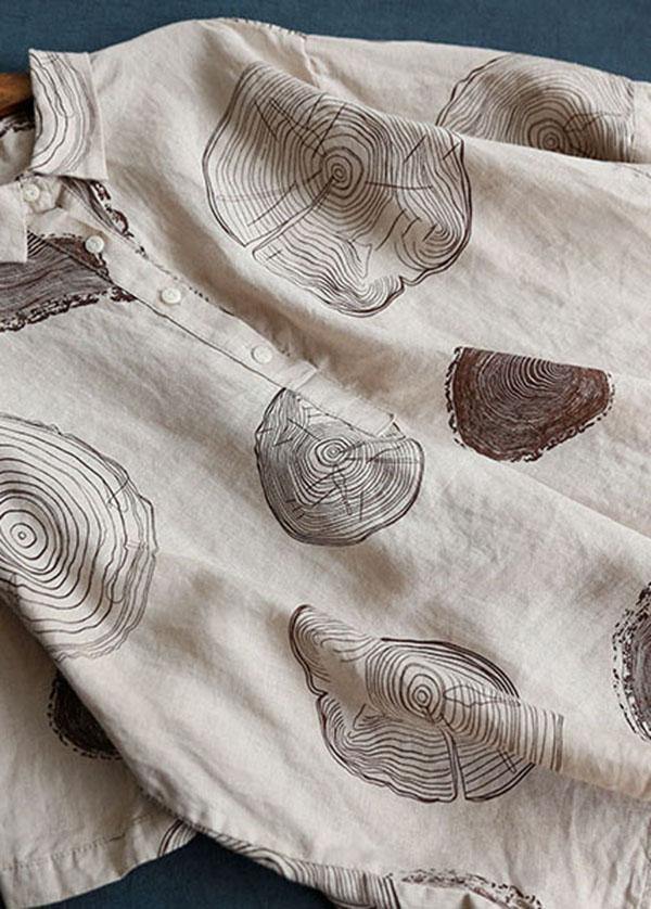 Beige-print3 Peter Pan Collar Print Summer Linen Blouses Half Sleeve