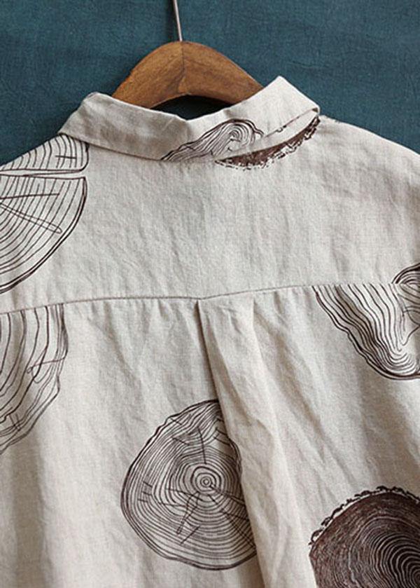 Beige-print2 Peter Pan Collar Print Summer Linen Blouses Half Sleeve