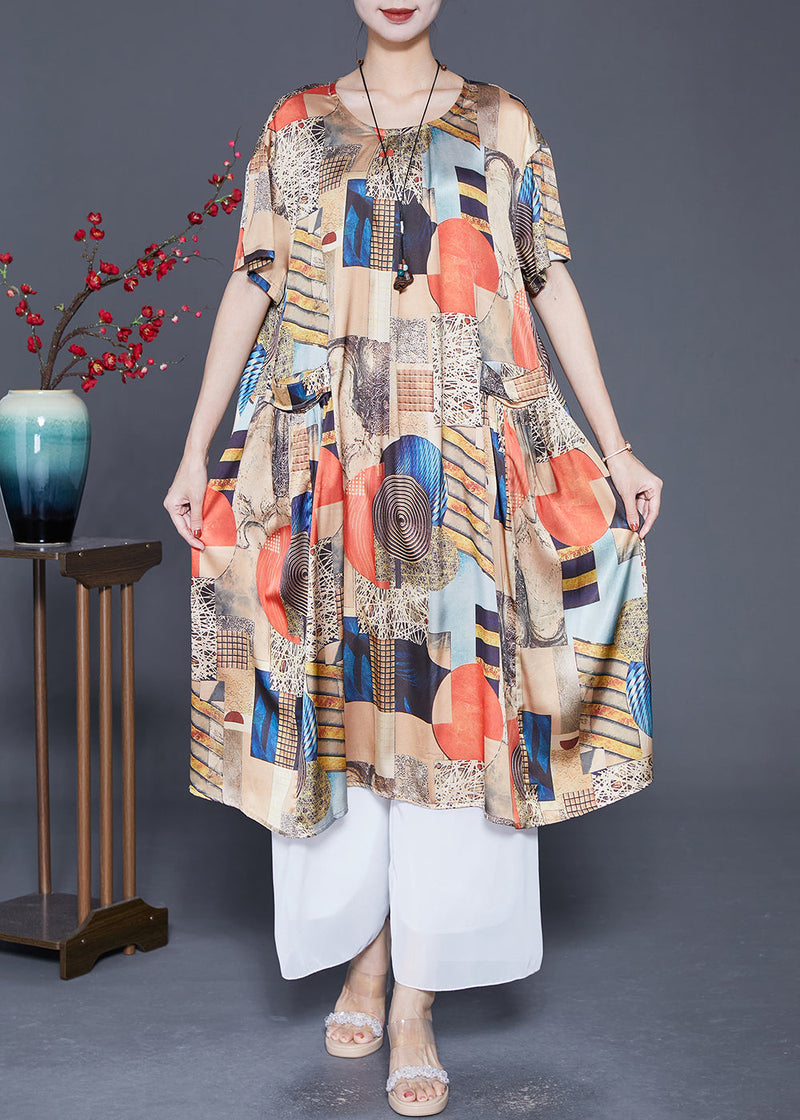 Beige Print Pockets Silk Holiday Dress Summer