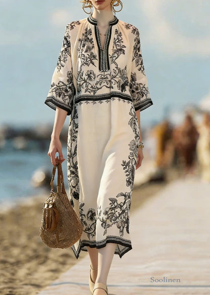 Beige Print Side Open Linen Dress Bracelet Sleeve
