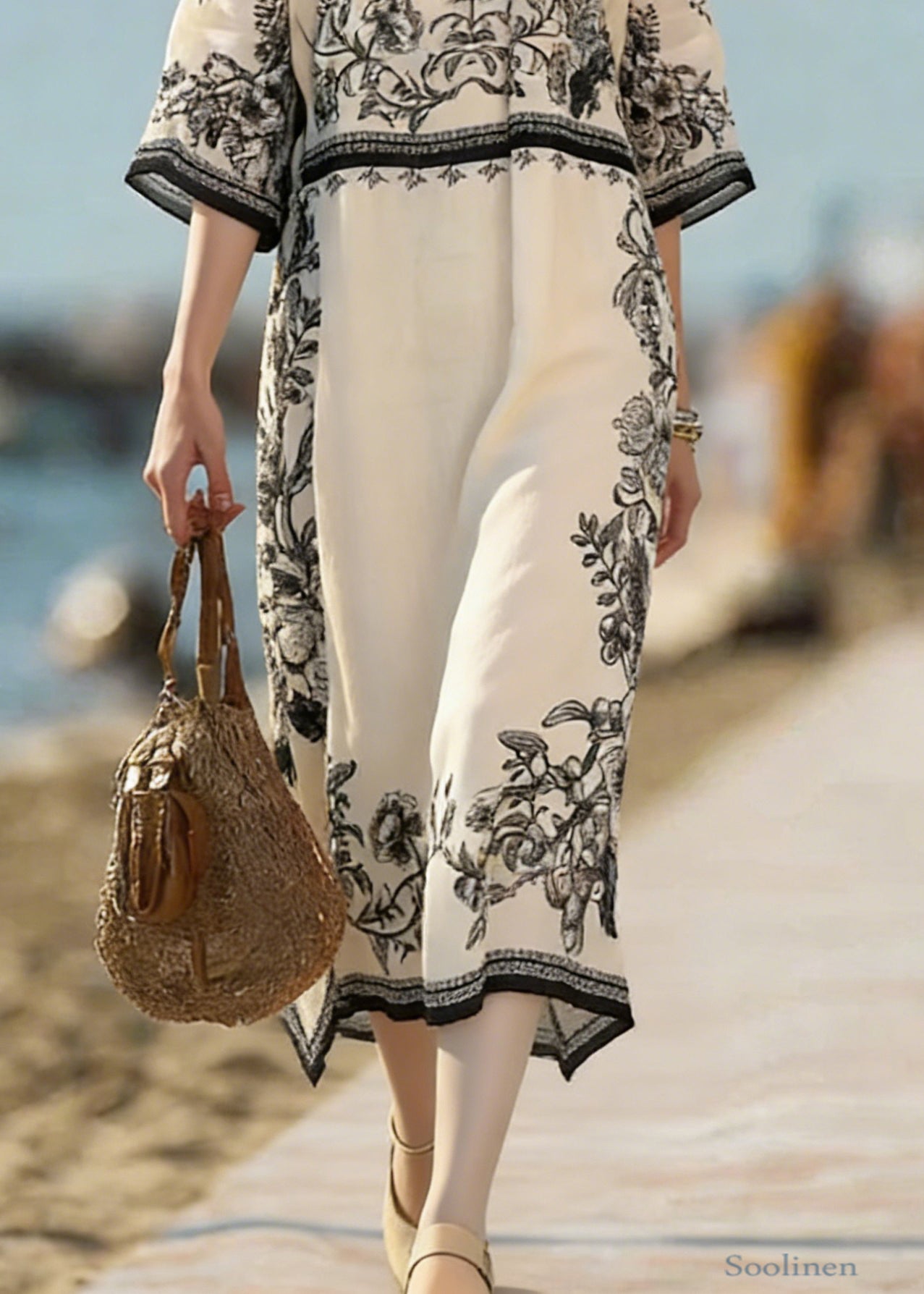 Beige Print Side Open Linen Dress Bracelet Sleeve