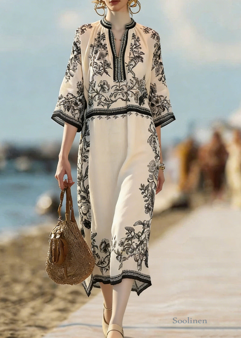 Beige Print Side Open Linen Dress Bracelet Sleeve