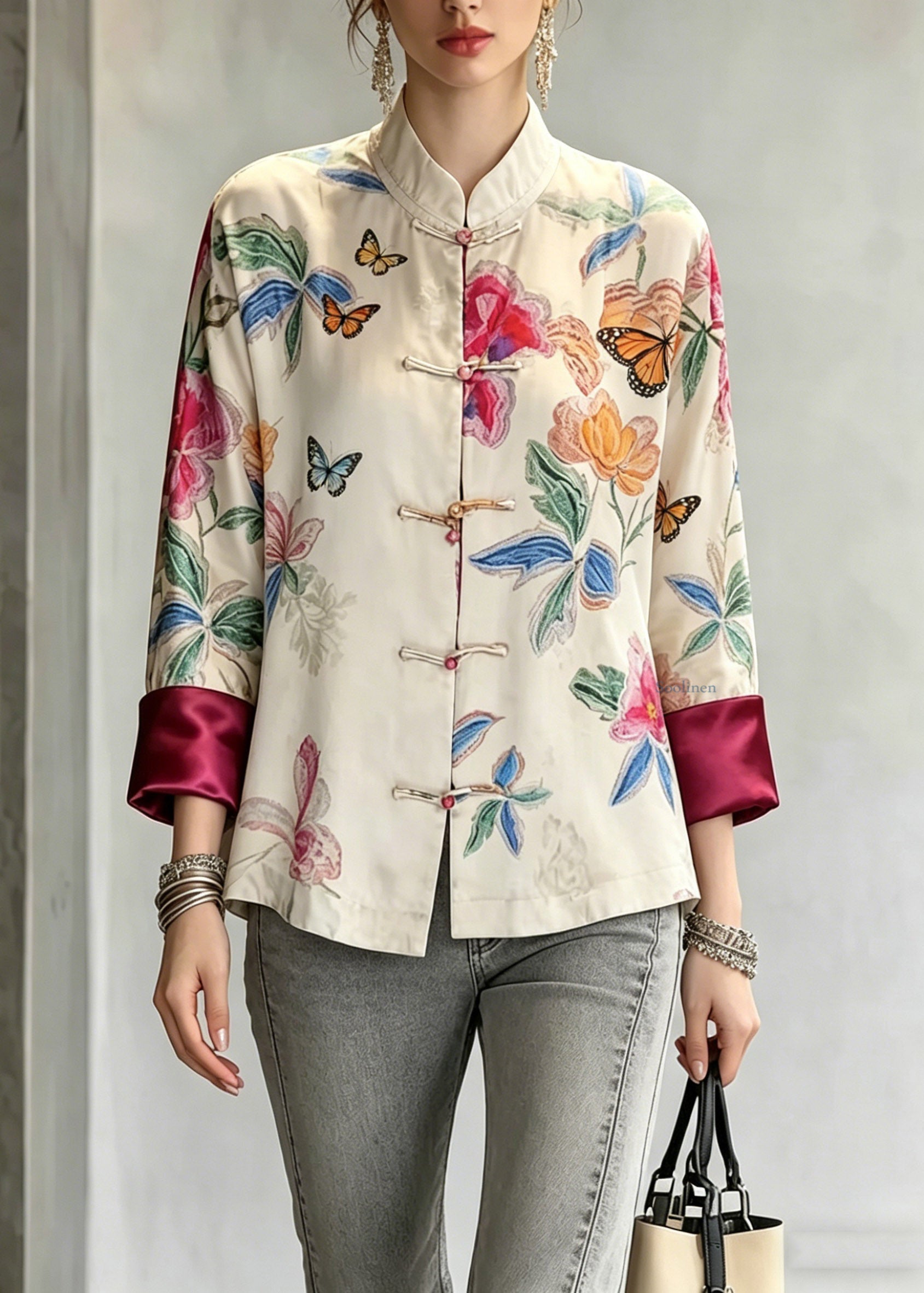 Vintage Beige Stand Collar Button Shirts Fall