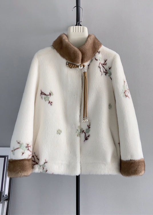 Beige Stand Collar Tasseled Embroidered Mink Cashmere Jackets Winter