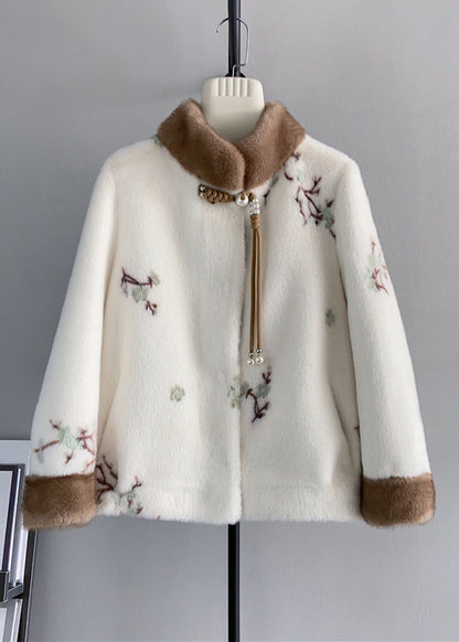 Beige Stand Collar Tasseled Embroidered Mink Cashmere Jackets Winter