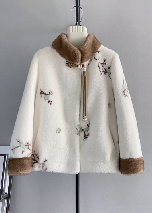 Beige Stand Collar Tasseled Embroidered Mink Cashmere Jackets Winter