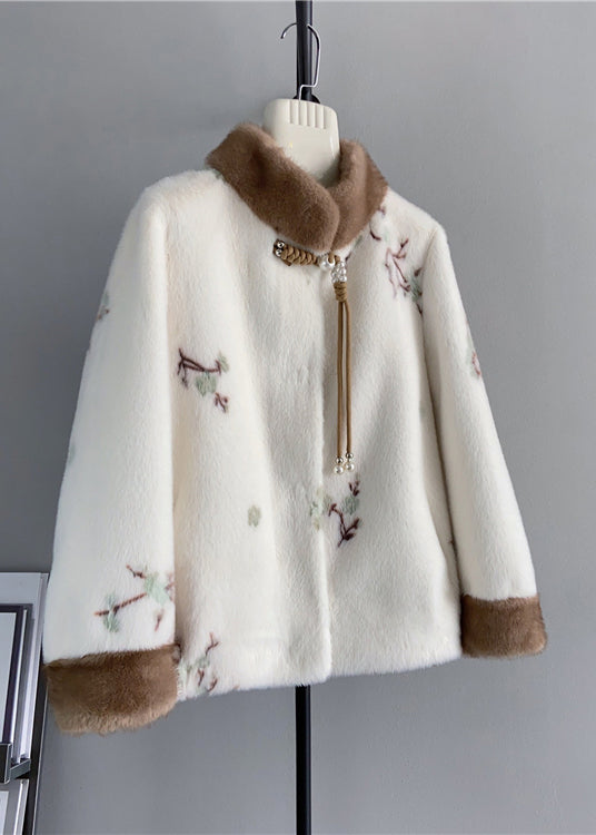 Beige Stand Collar Tasseled Embroidered Mink Cashmere Jackets Winter