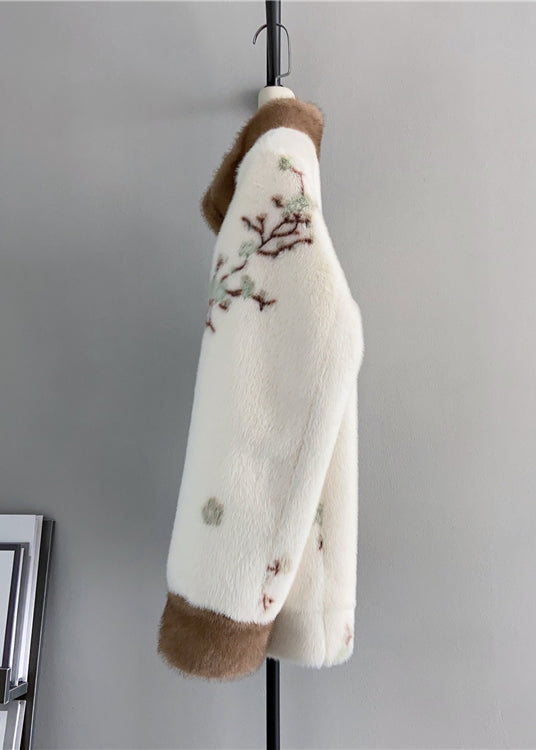Beige Stand Collar Tasseled Embroidered Mink Cashmere Jackets Winter