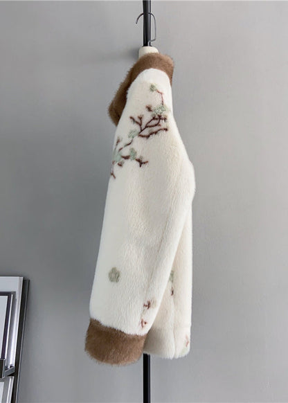 Beige Stand Collar Tasseled Embroidered Mink Cashmere Jackets Winter