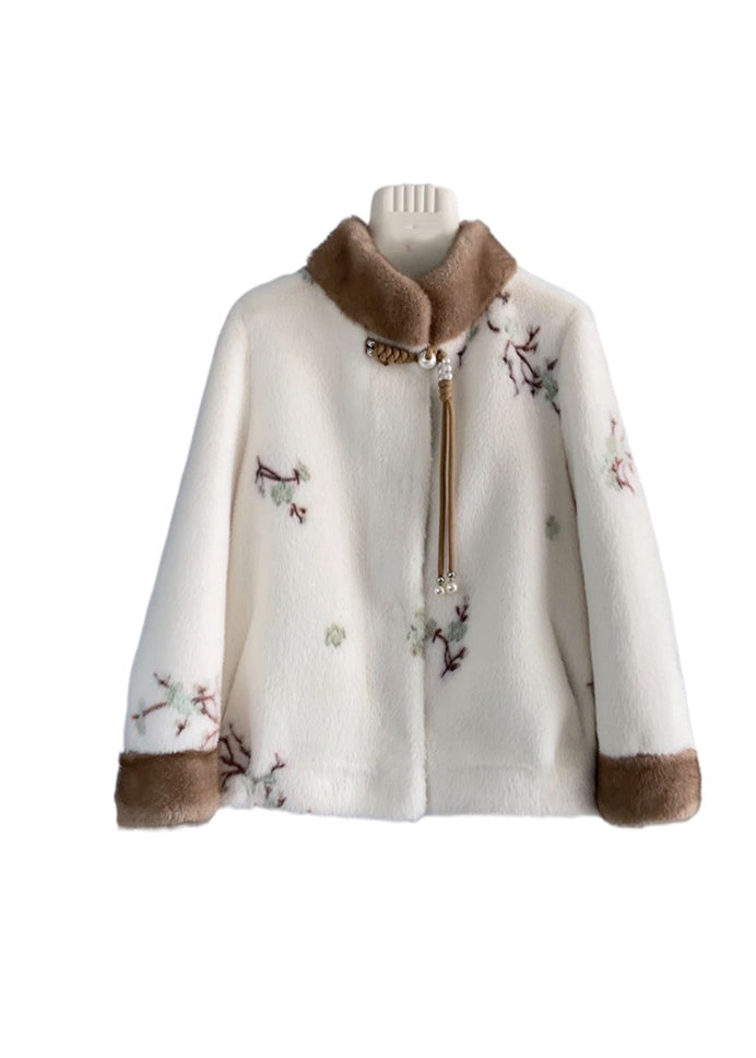 Beige Stand Collar Tasseled Embroidered Mink Cashmere Jackets Winter