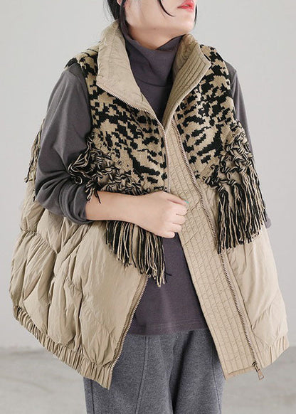 Beige Tasseled Patchwork Duck Down Winter Down Vest