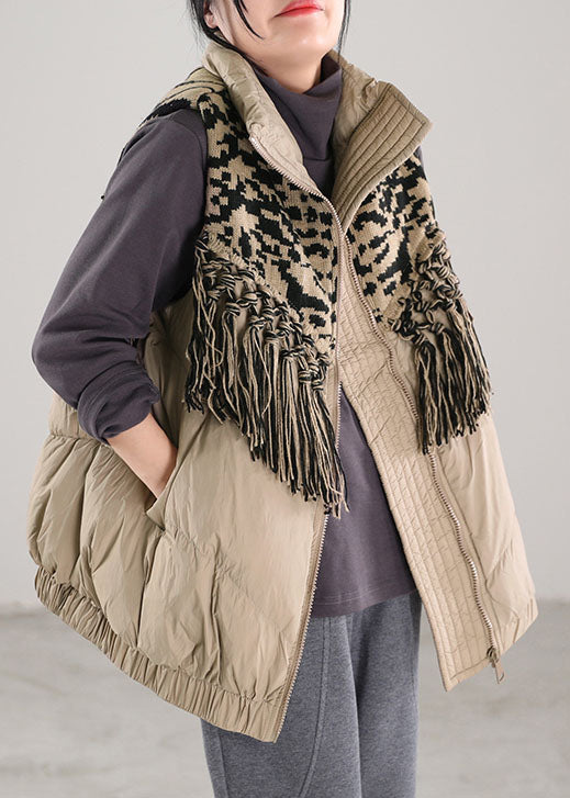 Beige Tasseled Patchwork Duck Down Winter Down Vest