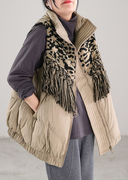 Beige Tasseled Patchwork Duck Down Winter Down Vest