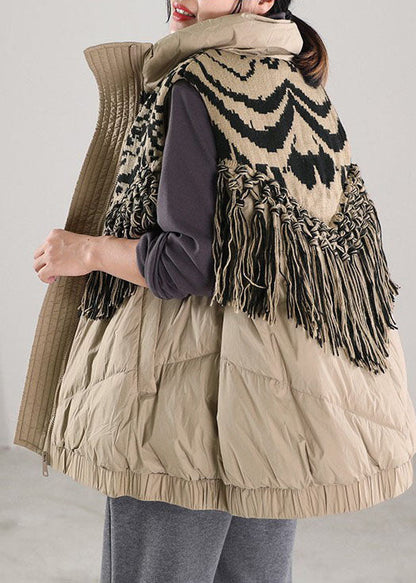 Beige Tasseled Patchwork Duck Down Winter Down Vest