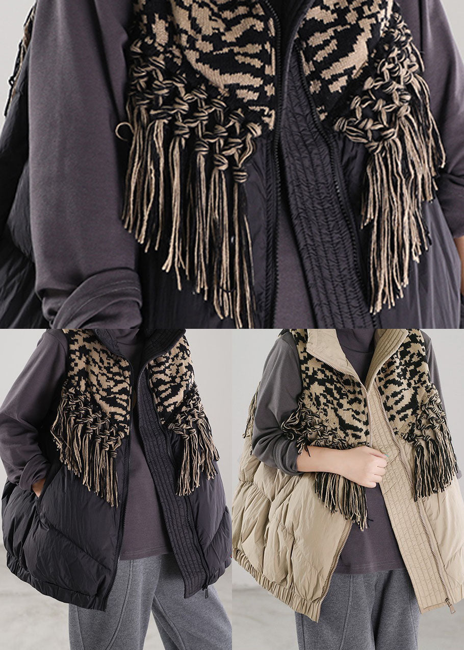 Beige Tasseled Patchwork Duck Down Winter Down Vest