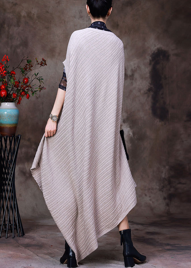 Beige V Neck Asymmetrical Woolen Knit Long Sweater Fall