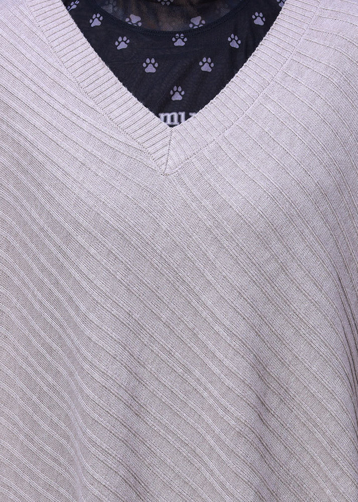 Beige V Neck Asymmetrical Woolen Knit Long Sweater Fall
