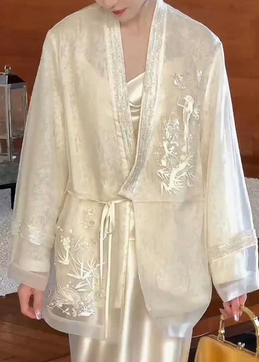 Beige V Neck Embroidered Lace Up Silk Cardigan Spring