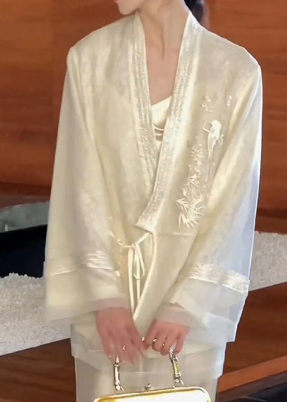 Beige V Neck Embroidered Lace Up Silk Cardigan Spring