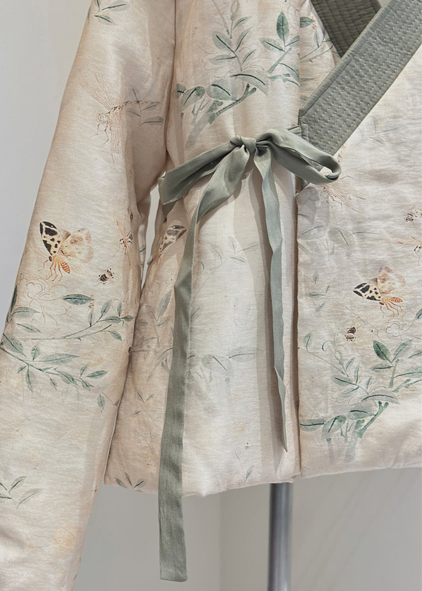 Beige V Neck Lace Up Fine Cotton Filled Coats Spring