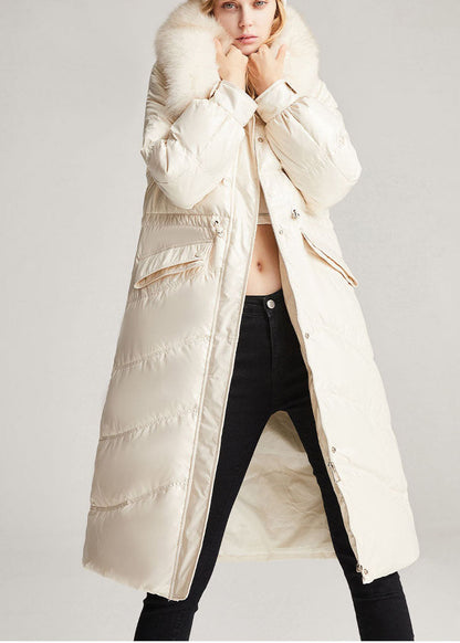 Beige White Fox Collar Drawstring Pockets Slim Fit Winter Duck Down Jackets