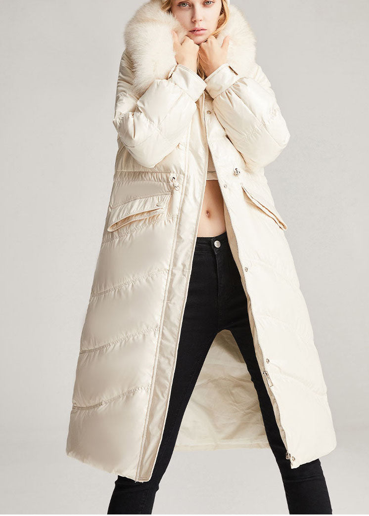 Beige White Fox Collar Drawstring Pockets Slim Fit Winter Duck Down Jackets