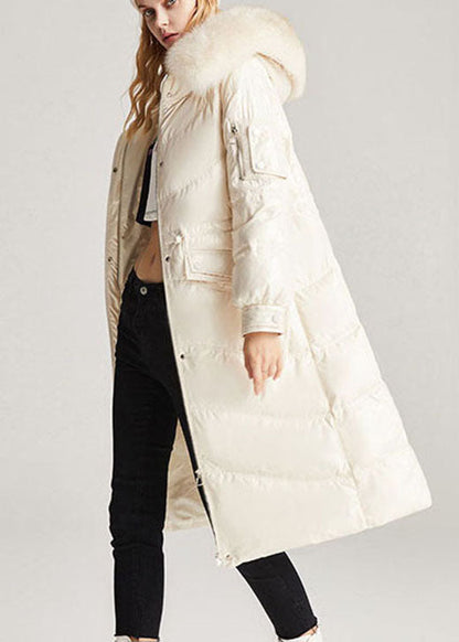 Beige White Fox Collar Drawstring Pockets Slim Fit Winter Duck Down Jackets