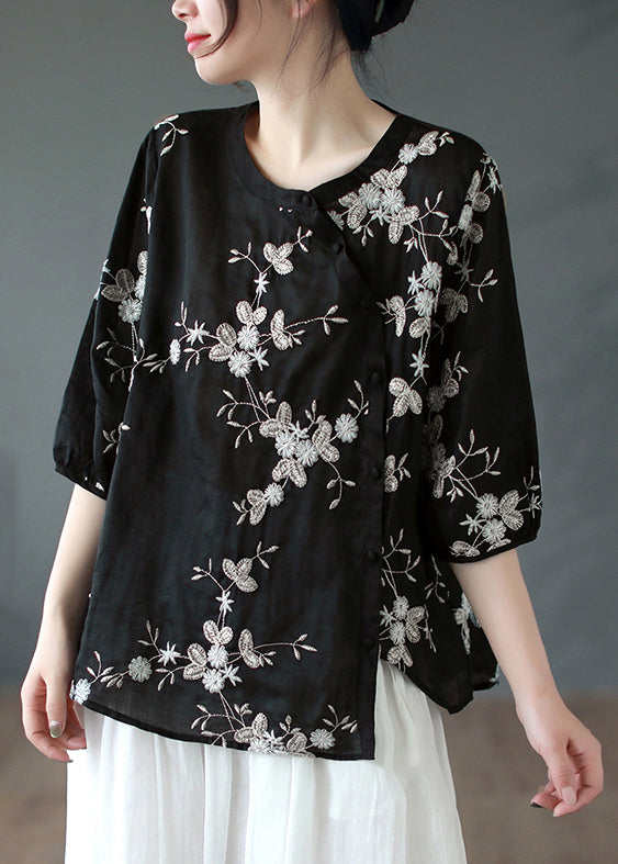Black Asymmetrical Button Patchwork Linen Shirt Summer