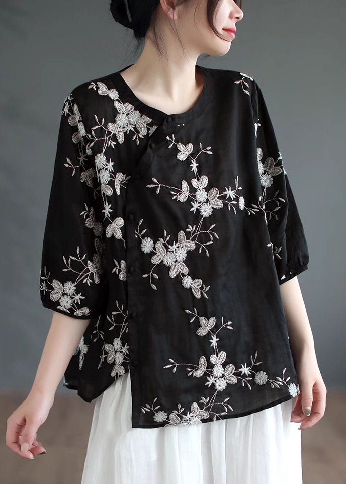 Black Asymmetrical Button Patchwork Linen Shirt Summer