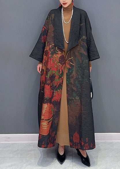 Black Asymmetrical Print Long Trench Coats Long Sleeve