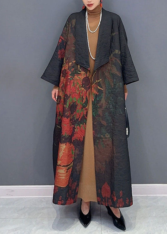 Black Asymmetrical Print Long Trench Coats Long Sleeve