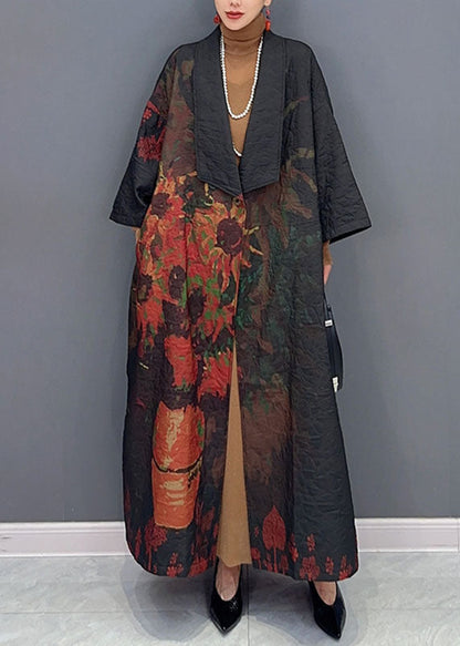 Black Asymmetrical Print Long Trench Coats Long Sleeve