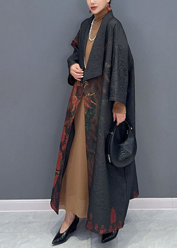 Black Asymmetrical Print Long Trench Coats Long Sleeve