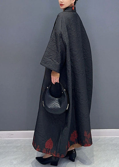 Black Asymmetrical Print Long Trench Coats Long Sleeve