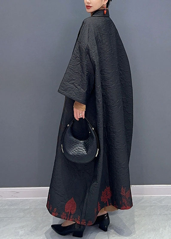 Black Asymmetrical Print Long Trench Coats Long Sleeve