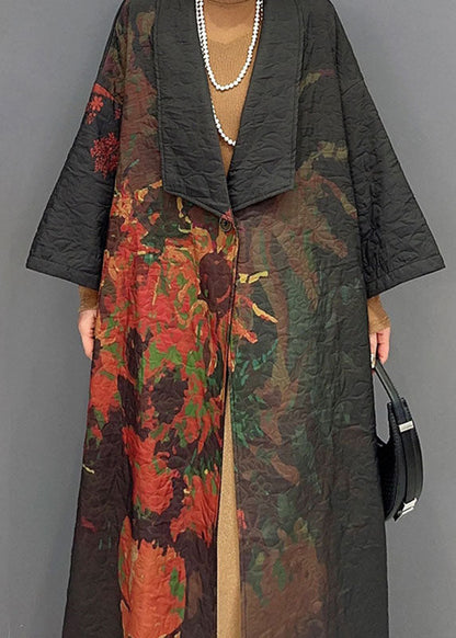Black Asymmetrical Print Long Trench Coats Long Sleeve