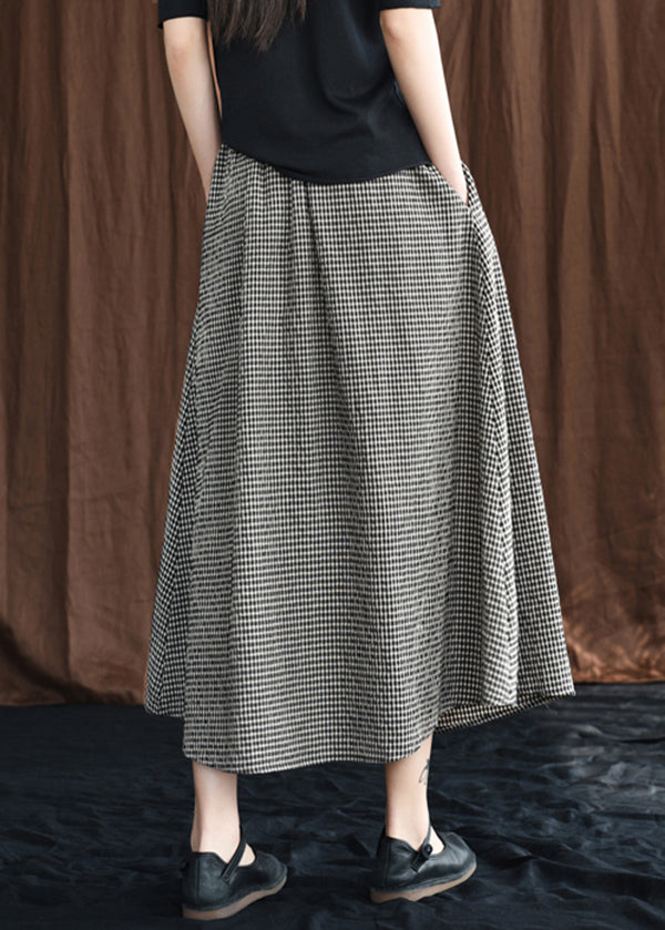 Black Bow Button Pockets Plaid Linen a Line Skirts Summer
