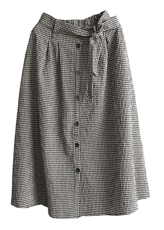 Black Bow Button Pockets Plaid Linen a Line Skirts Summer