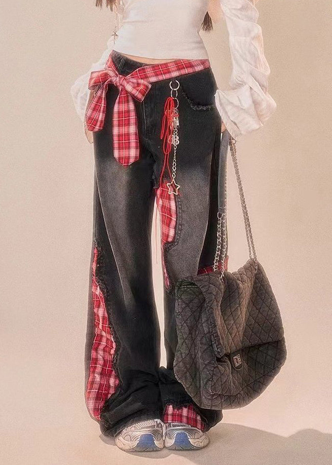 Black Bow Plaid Patchwork Denim Wide Leg Pants Summer