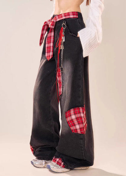 Black Bow Plaid Patchwork Denim Wide Leg Pants Summer