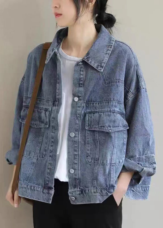 Black Button Pockets Denim Coat Long Sleeve